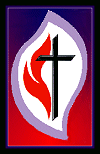 United Methodist Cross and flame surrounded by a purple border. Symbol for United Methodist Women